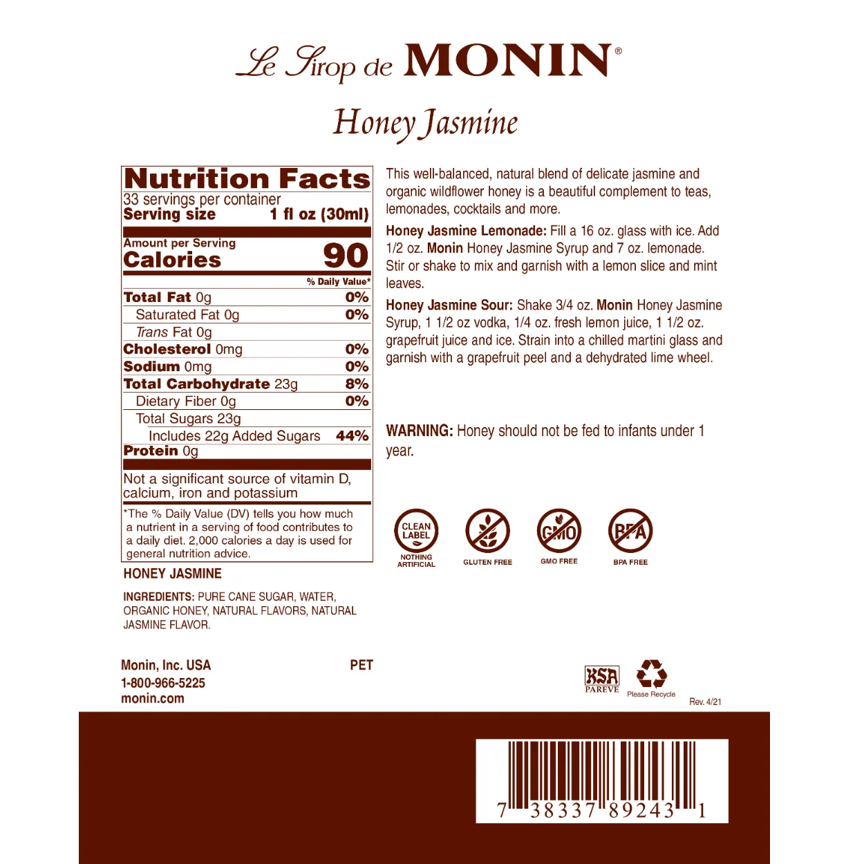 Monin Honey Jasmine Syrup - Image 2
